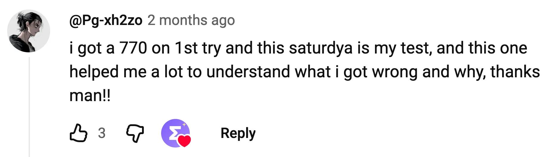 YouTube comment: got a 770 on the first try
